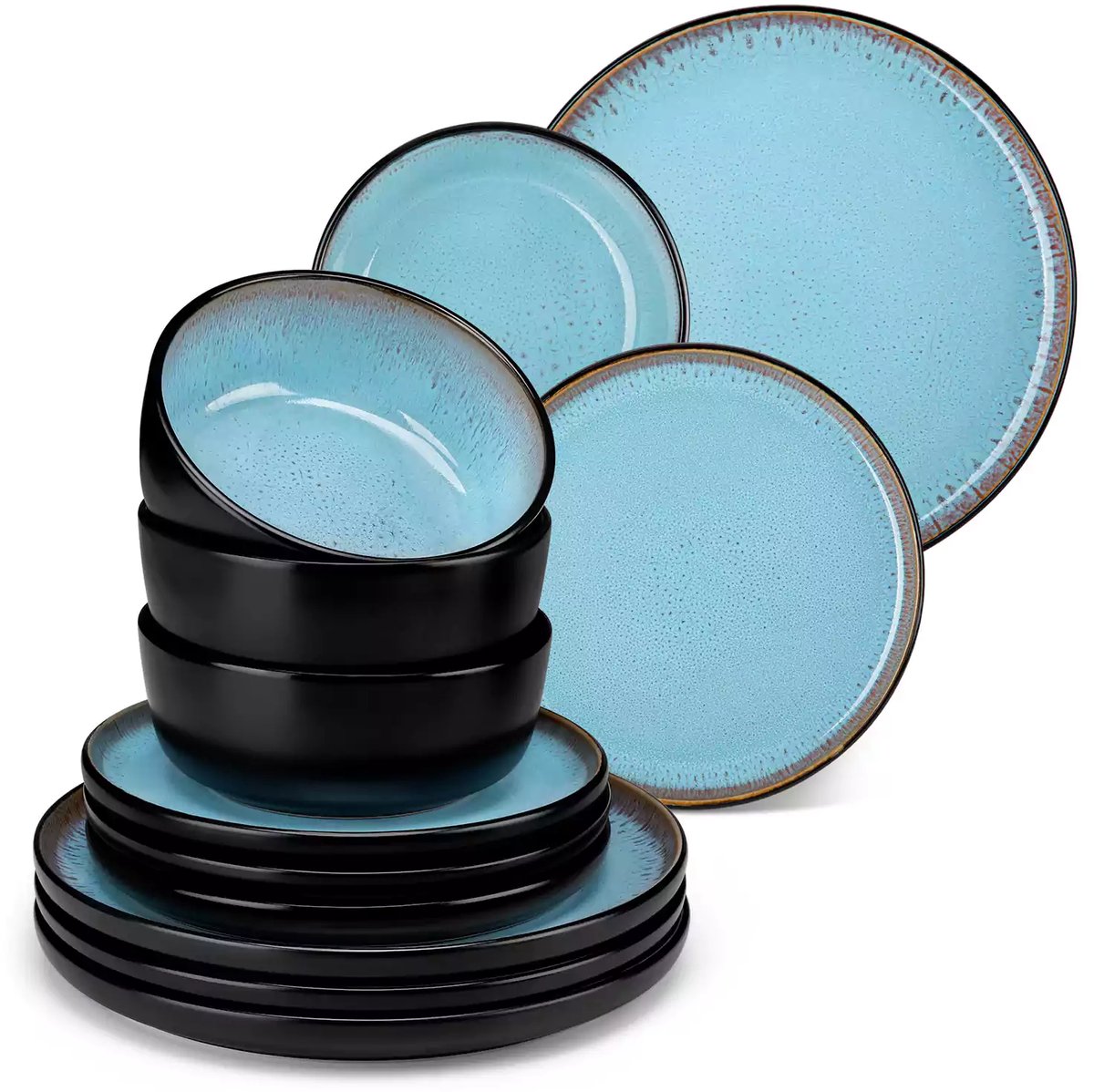 Luxe Serviesset – 12 delig – 4 persoons – Steengoed - Bordenset – Dinner platen – Dessertborden - Kommen - Blauw