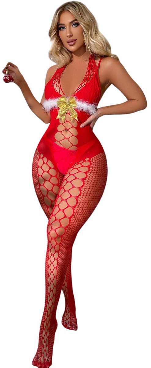 Nina’s Giftshop® Kerst Lingerie – Sexy Kerst Catsuit – Kerstoutfit – Rode Lingerie – Kerst Lingerie Erotisch – Fishnet Lingerie – Kerstcadeau voor Vrouw – One Size