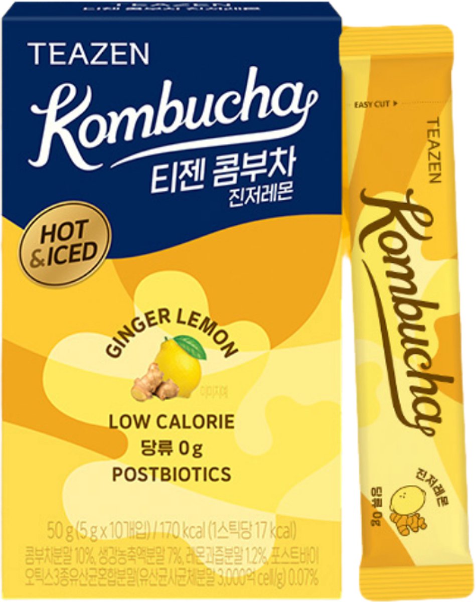 TEAZEN Kombucha Lemon Ginger – Koreaanse Citroen-Gember Kombucha met biotica supplementen (10 sticks)