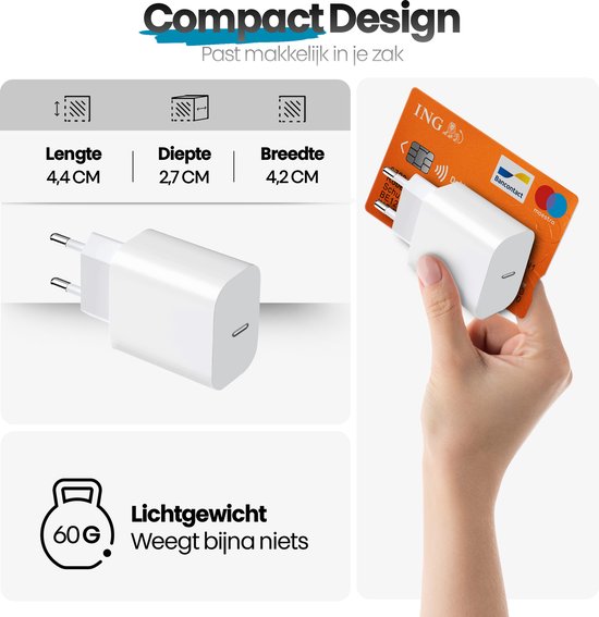 Witte compacte USB-C oplader van 4,4x2,7x4,2 cm, weegt 60g.