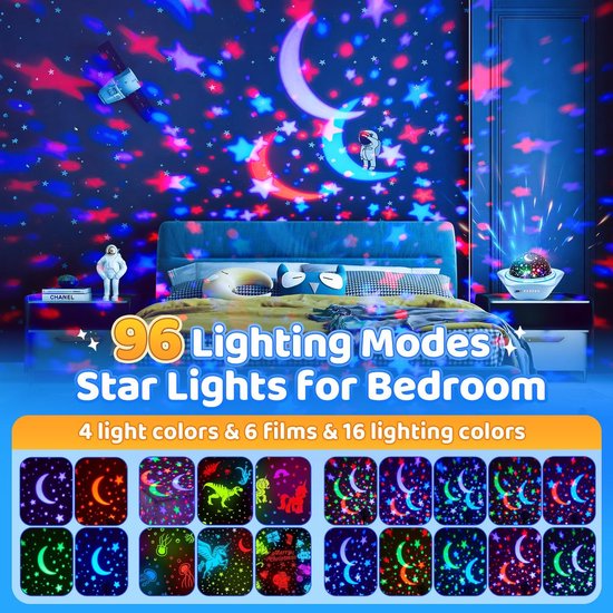 Nachtlampje Projector Kinderen, 360 Roterende +3 Films Nachtlampje Projector, 48 Verlichtingsmodi Sterren Lichten voor Slaapkamer, USB Oplaadbare Galaxy Lamp, LED baby Nachtlampje Star Light — afbeelding 5