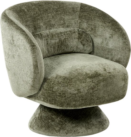 Fauteuil pivotant vert en chenille aux formes rondes avec un coussin séparé.