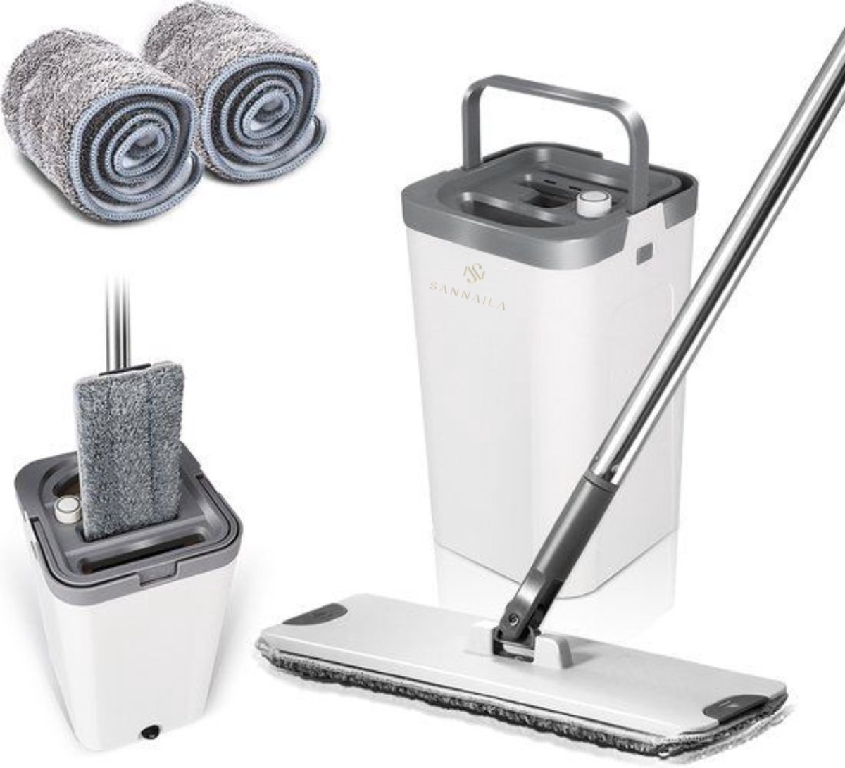 Sannaila Dweilset met Emmer & Uitwringer – Microvezel Dweil met Telescopische Steel – 360° Draaibare Dweilkop – Efficiënt & Hygiënisch Schoonmaken – Compact & Duurzaam Ontwerp