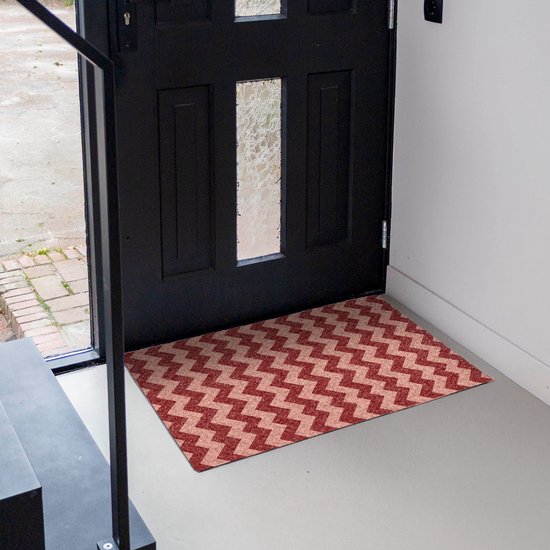 Tapis de porte 90 x 60 cm - Motif zigzag - Rayures - Rouge - Tapis d'intérieur - Tapis de nettoyage - Paillassons imprimé - Tapis d'entrée