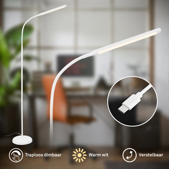 Witte staande lamp met flexibele arm, traploos dimbaar, warm wit licht en USB-C aansluiting.