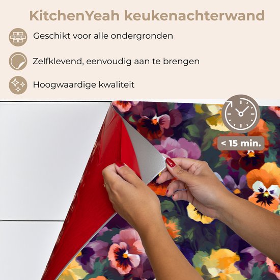 Keuken achterwand 350x60 cm - Spatscherm zelfklevend Viooltjes - Kleuren - Bloemblaadjes - Muurbeschermer - Spatwand fornuis