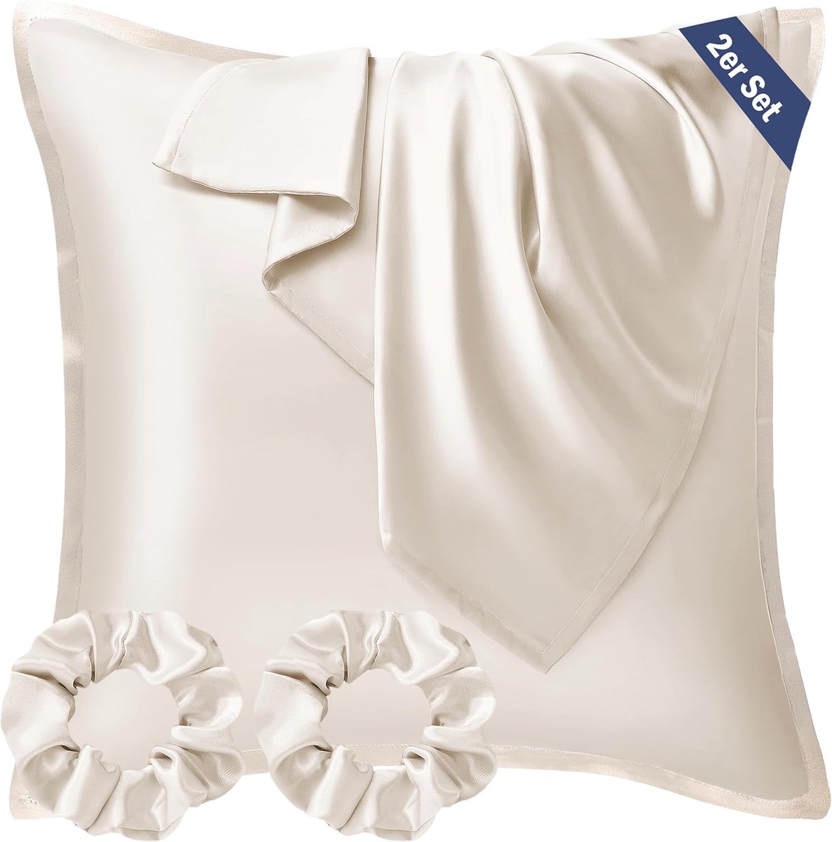 Famanu Satijnen kussensloop 80 x 80 cm, set van 2 stuks, zacht als zijden kussensloop, veganistisch zijde, hoofdkussen voor haar en huid, met haarelastiekjes, beige