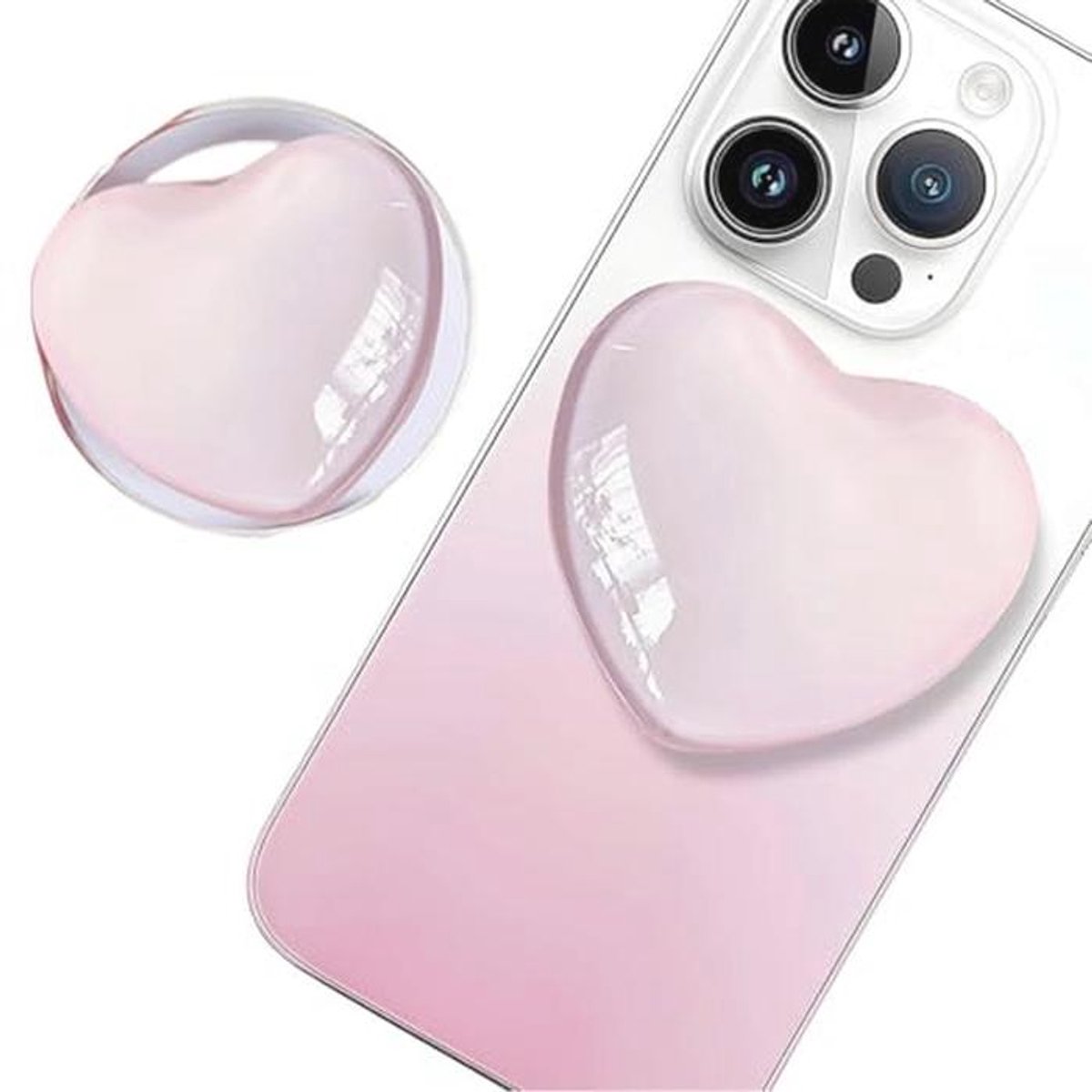 Intrekbare handgreep voor mobiele telefoon - glazen hart ontwerp, multifunctioneel, magneet, compatibel met smartphones en tablets, roze