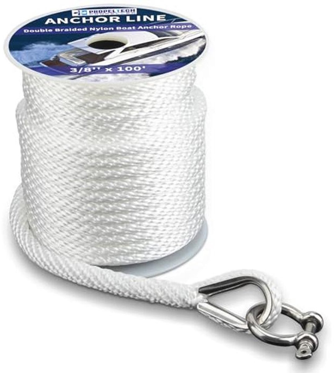Gevlochten Ankerlijn Wit 3/8" x 100" - Premium Mariene Boottoebehoren met Roestvrijstalen Vingerhoed en Beugel