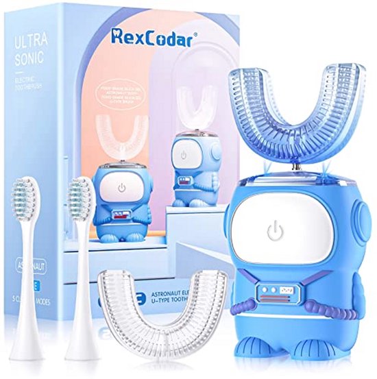 RexCodar Ultrasone U-vormige elektrische tandenborstel voor kinderen, IPX7 waterdicht, vijf reinigingsmodi, 60S slimme herinnering (blauwe leeftijden 6-12)