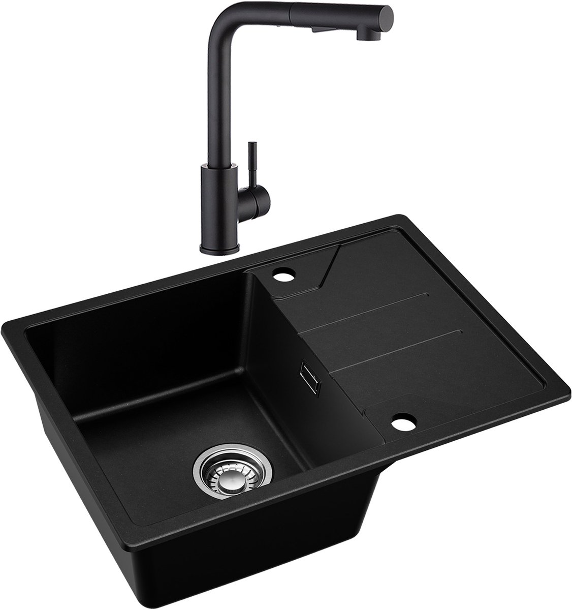 DERW MAX Granieten Spoelbak 65x45CM Zwart - Spoelbakken Keuken Met Keukenkraan - Spoelbakken Met Planchet en Waterafvoersysteem - Opbouw Spoelbak