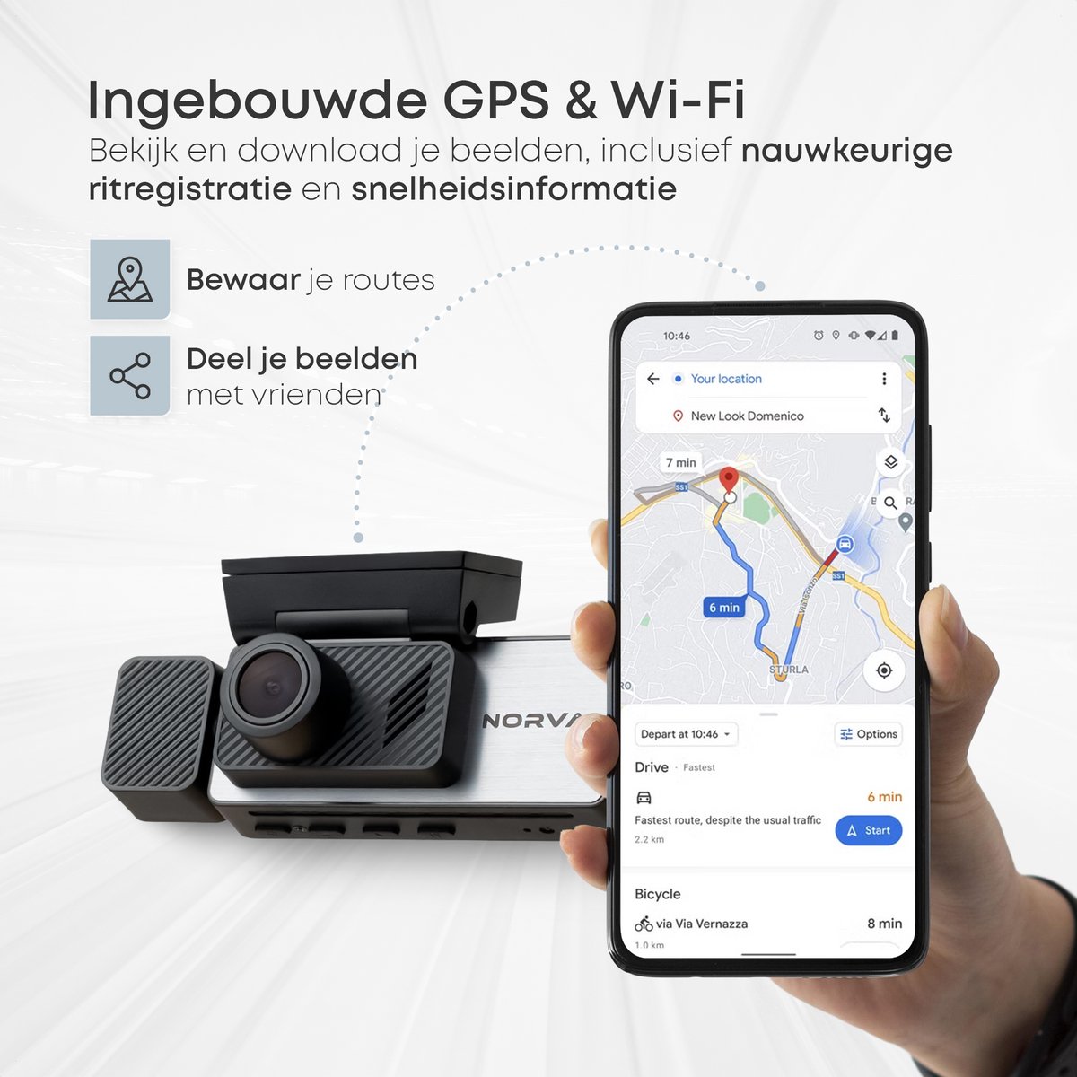 Norva - Dashcam voor Auto 3 in 1 - 4K Ultra HD - Voor en achter + binnen camera - Wifi & GPS - Nachtzicht - Besturing via app - 170 graden kijkhoek - G-sensor - loop recording - Incl. 64GB SD-kaart – foto 6