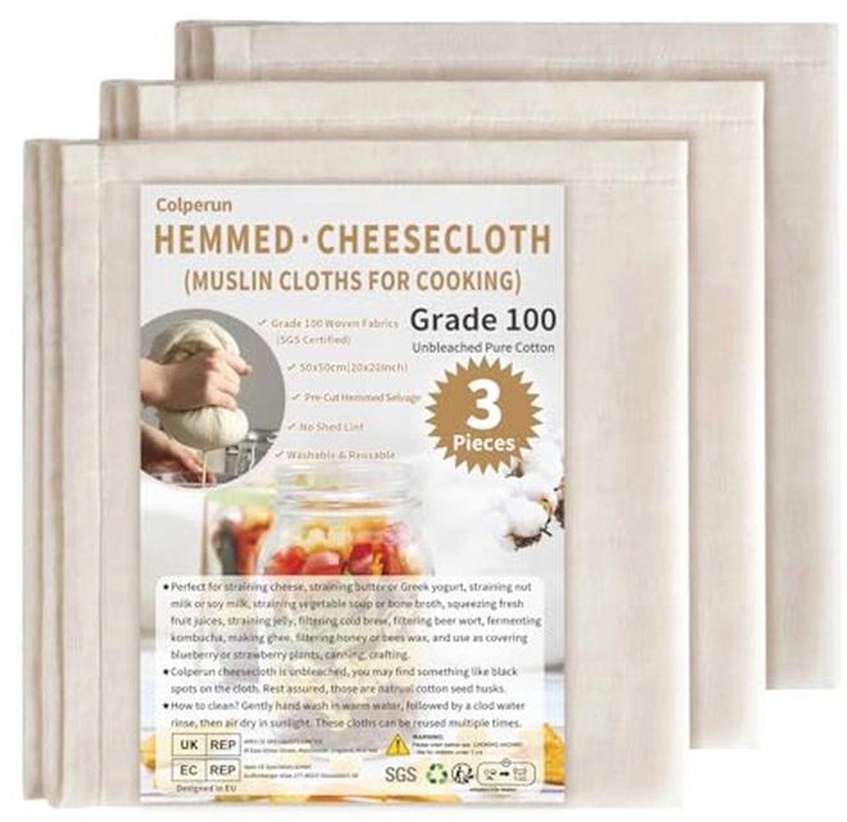 Kaasdoek Set van 3 - 50x50cm - 100% Katoen, Ongebleekt en Herbruikbaar voor Jam, Boter en Sap
