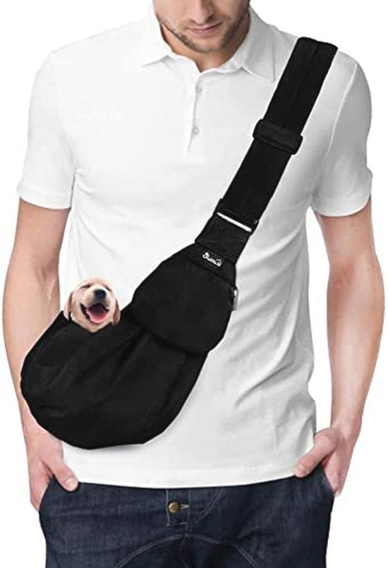 SlowTon Huisdier Hond Kat Handvrije Sling Carrier Schoudertas Verstelbare Gewatteerde Schouderriem Tote Tas met Voorzak Outdoor Reizen Puppy Carrier voor Wandelen Dagelijks Gebruik (ZWART