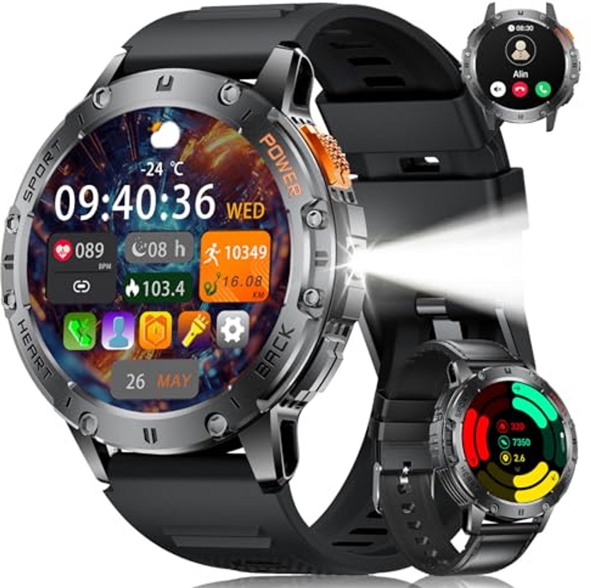 Smartwatch voor heren met AMOLED scherm, spraakassistent en oproepfunctionaliteit