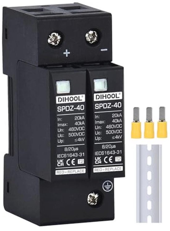 Overspanningsbeveiliging Voor Fotovoltaïsche Systemen – 2P, 40kA, 500V – DIN-rail Montage – Voor DC-systemen En Zonnepanelen