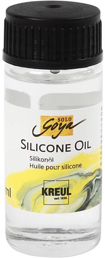 Transparante Solo Goya siliconenolie in een flesje van 20 ml met zwarte dop en geel-zwart etiket.