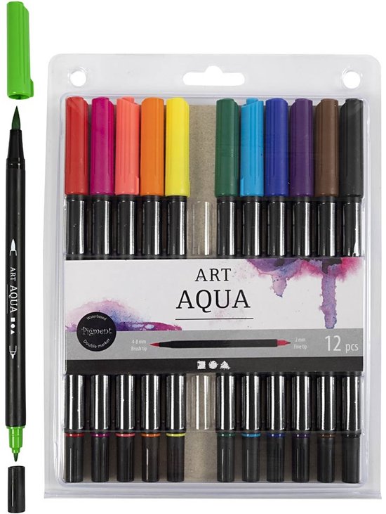 Feutre aquarelle, trait 2+4-8 mm, couleurs classiques, 12 pièce/ 1 Pq.