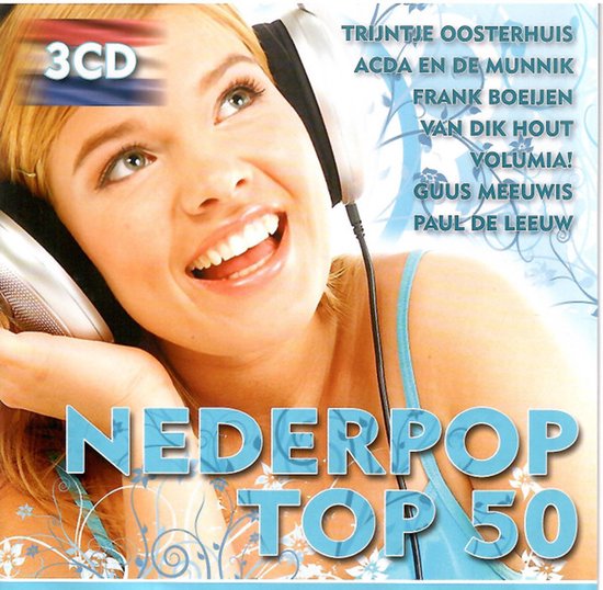 Vrolijke vrouw met koptelefoon, met 'Nederpop Top 50 3CD' op de hoes.