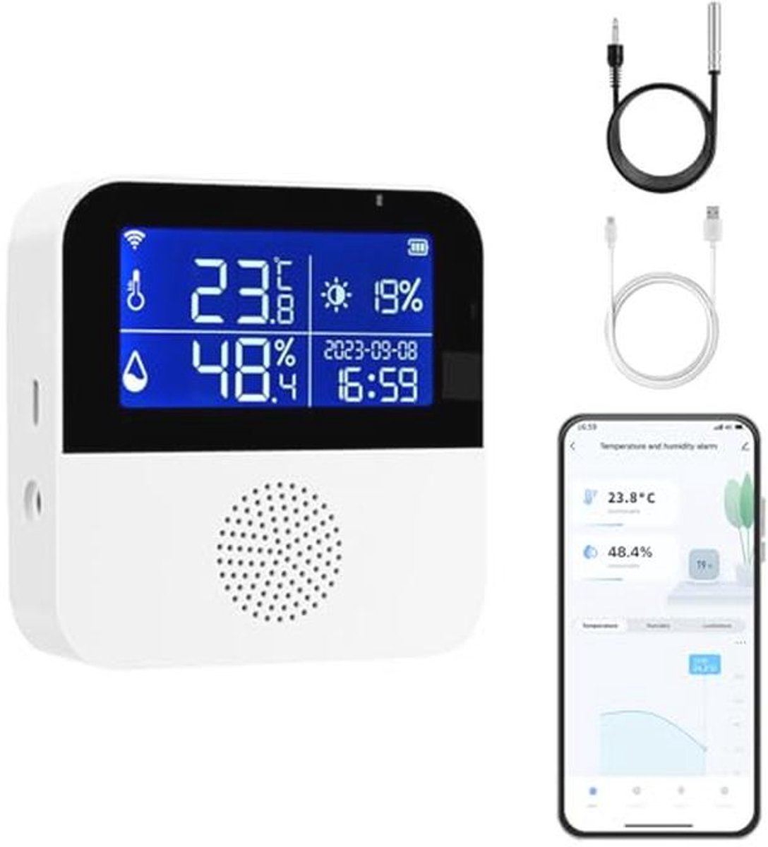 Wifi Temperatuursensor en Hygrometer voor Binnen met Smart App