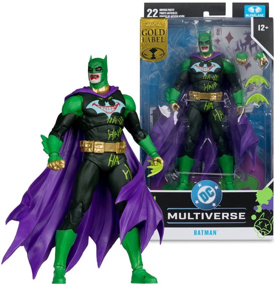 Jokerized Batman actiefiguur met paarse cape en bijpassende doos.