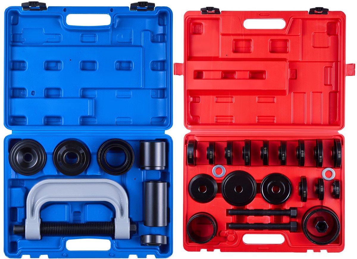 Lagerpers Set - Kogelgewrichtpers & Wiellagertrekker 2-in-1 - Set 10+24-delig - Afdichtingsdriverset met 13 bussen - C-frame met hulzen - Demontage en installatie - Met koffer
