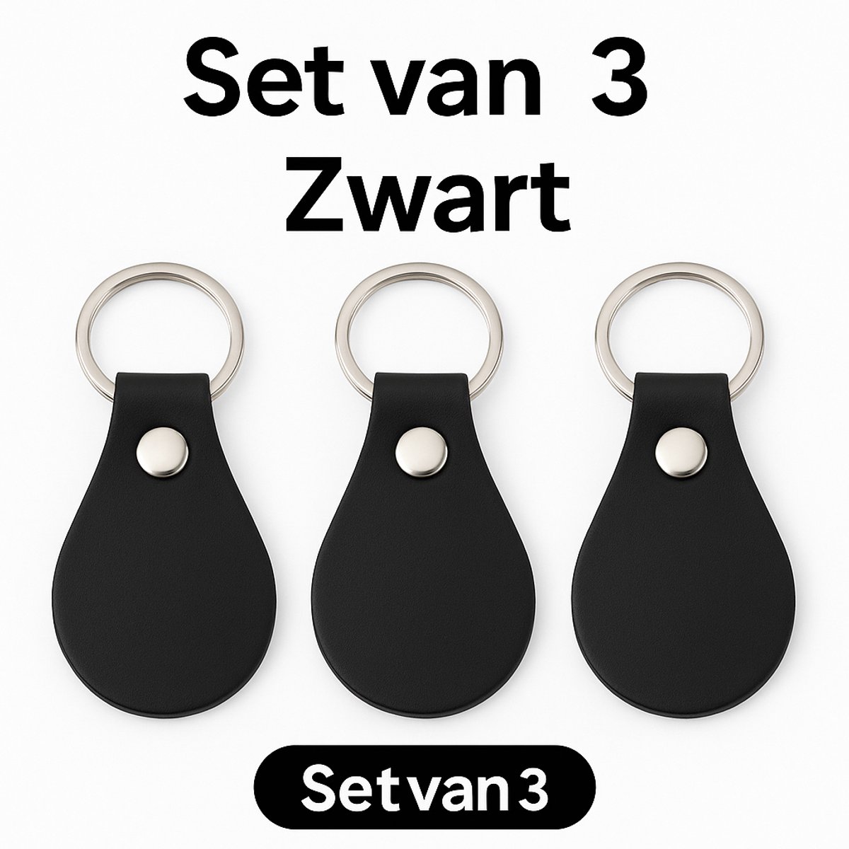 Leren Sleutelhanger – Set van 3 Stuks - Zwart – 4 Kleuren – Luxe Kunstleer Keychain Met RVS Ring – Duurzaam & Stevig – Sleutelhanger Leer Unisex
