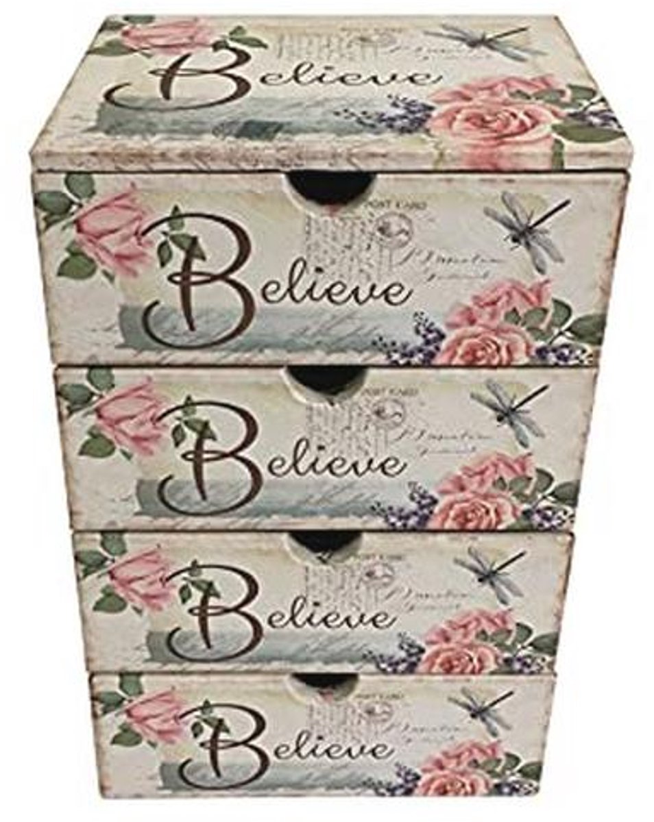 Tafelladekast voor sieraden en make-up, 4 Laden, Shabby Wit Roze - 32 x 16 x 20 cm