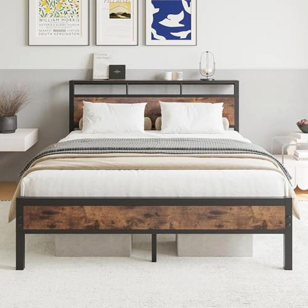 Kingsize bedframe met opbergplank en sterk metalen ontwerp, geen boxspring nodig, zwart