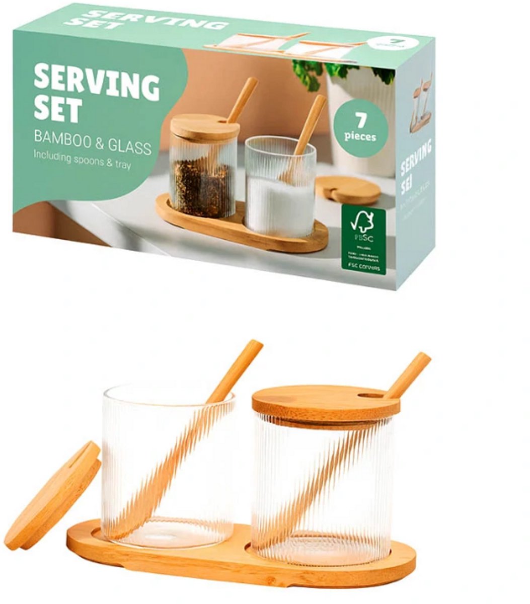 Serveerset van bamboe en glas - 7-delige elegante keukenset