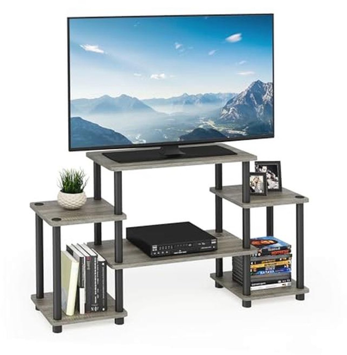 Moderne TV-standaard zonder gereedschap in Frans eiken en zwart, 105,4 x 58 x 29,5 cm