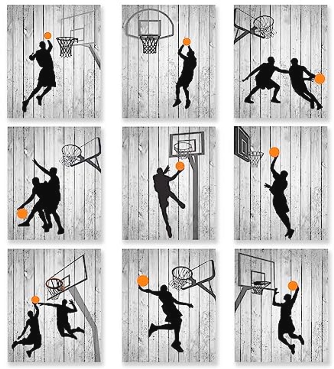 Basketball Wanddecoratie Set van 9 Ongeframeerde Posters - Zwarte en Witte Dunk Muurdecoratie voor Sportliefhebbers