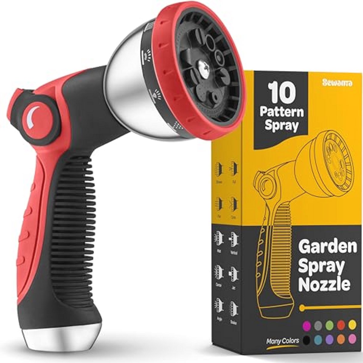 Hose Nozzle [Red] Heavy Duty Hose Sprayer With 10 Adjustable Watering Patterns. Thumb Control Design, Comfortable Ergonomic Grip, Garden Hose Nozzle for Watering Plants & Lawns/Fun Showers/Cleaning