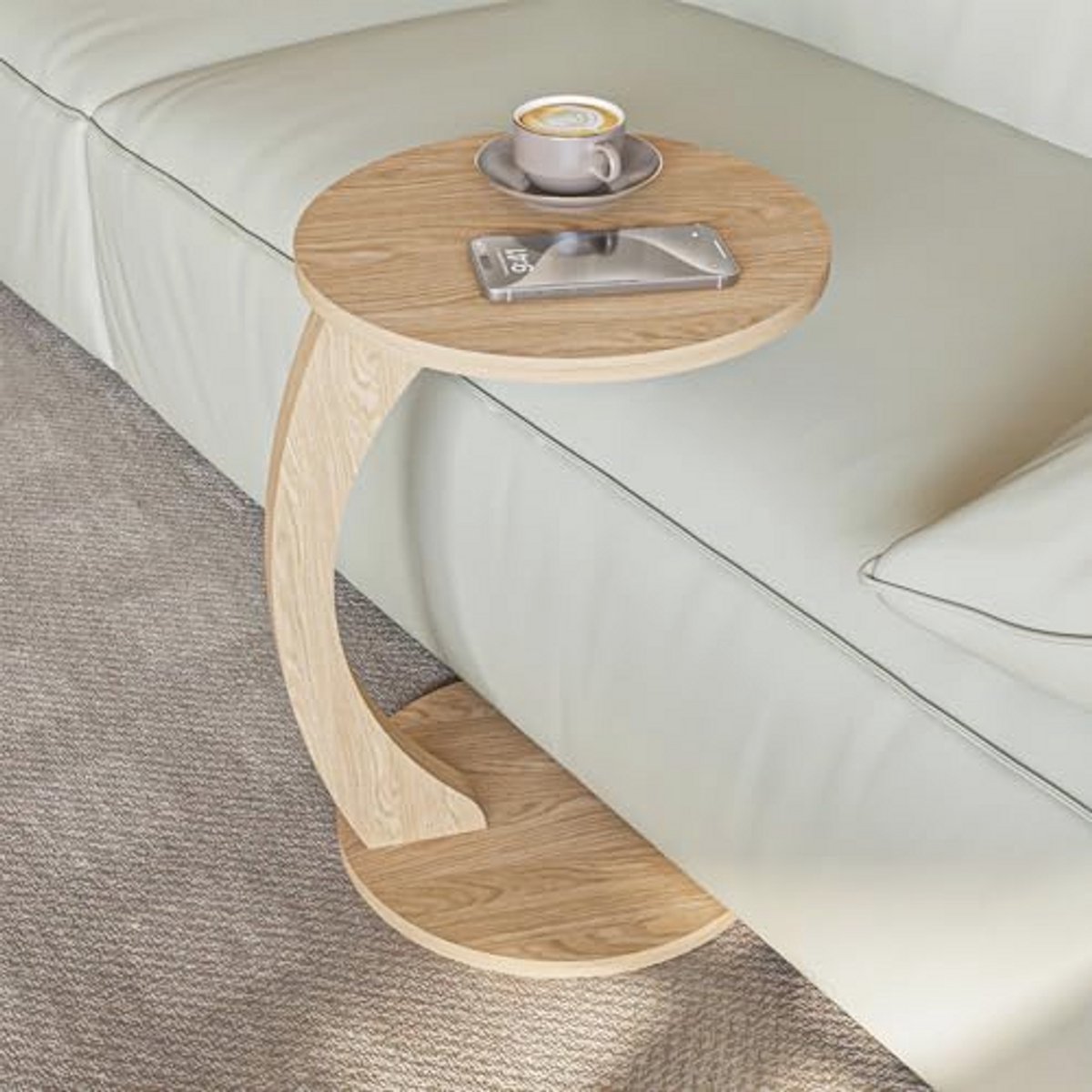 Stijlvolle C-vormige salontafel met wieltjes in eiken-look voor woonkamer