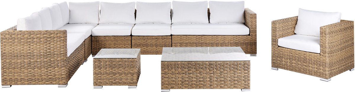 Beliani XXL - Loungeset voor 8 - Lichtbruin/Gebroken wit - PE rotan