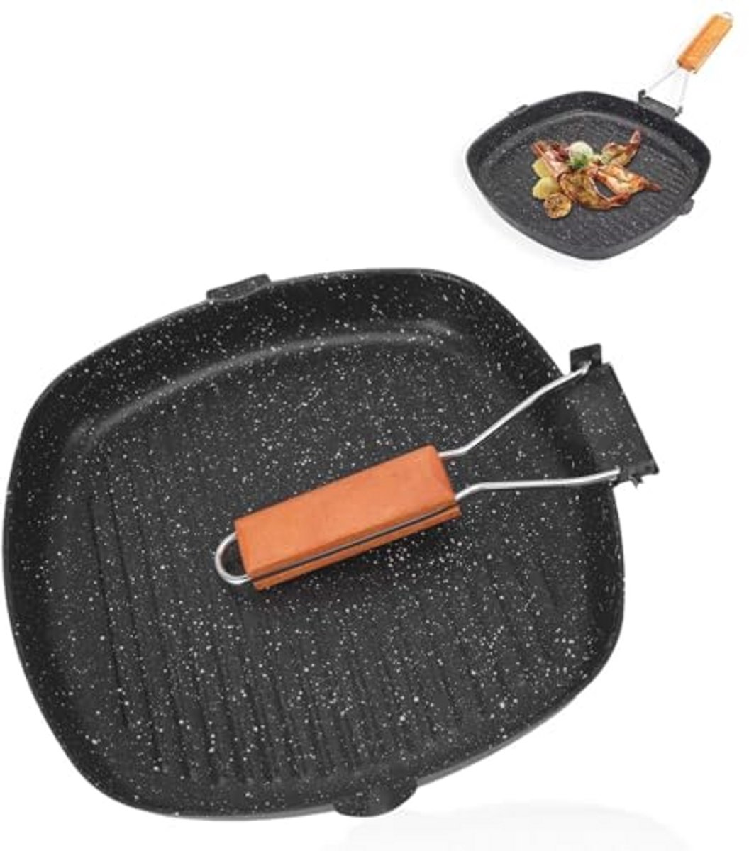 Koolstof Staal Grillpan met Opvouwbare Handvat - Antiaanbak Pannen voor Vlees, Vis en Groenten (28x28cm)