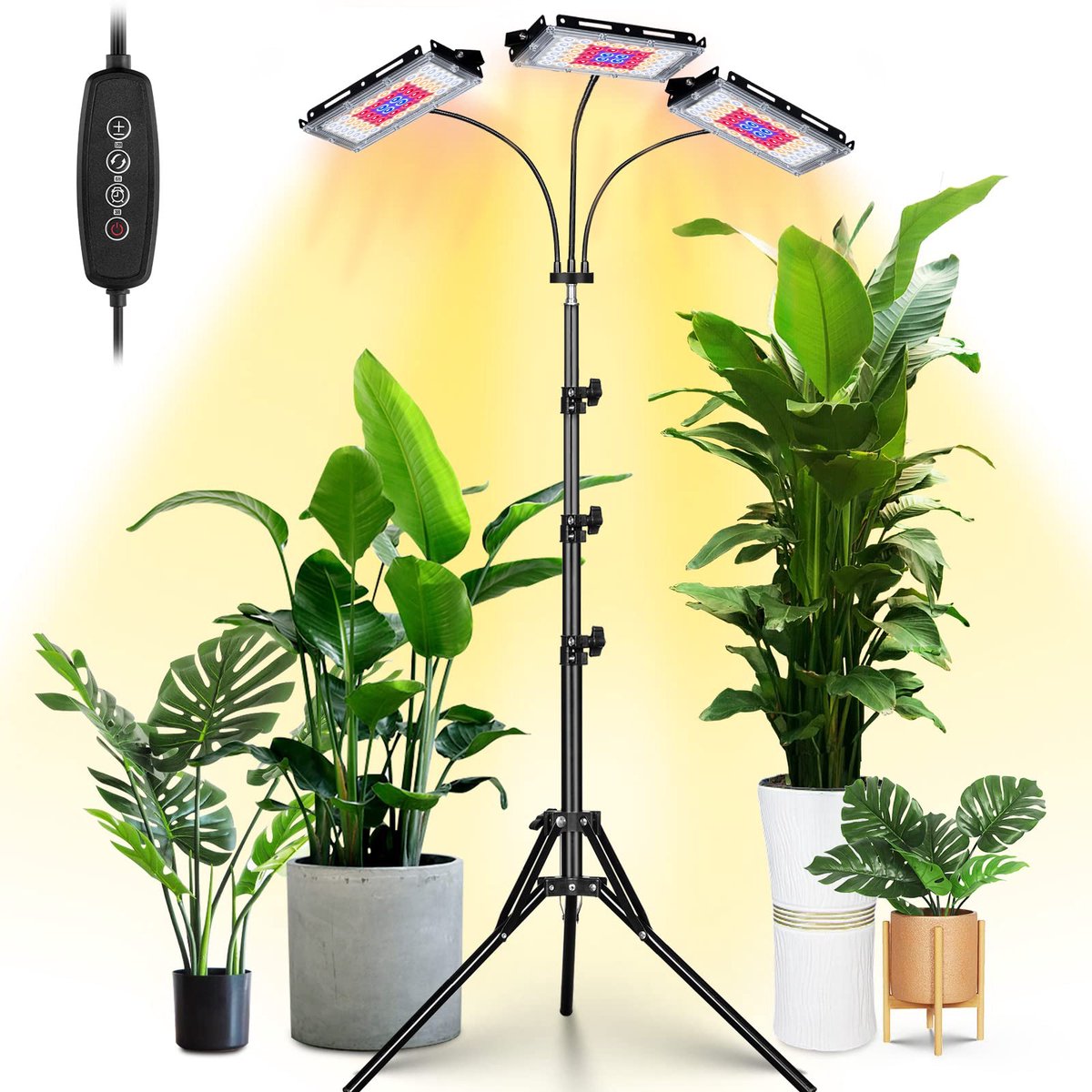 MUPOO LED Groeilamp voor Planten - Full spectrum - 6 Dimbare Helderheden - met Timer 3-6-12 uur - in Hoogte Verstelbaar - Bureau Bloeilamp - Kweeklamp - Grow Light - Driepootstatief - 3 Kopjes