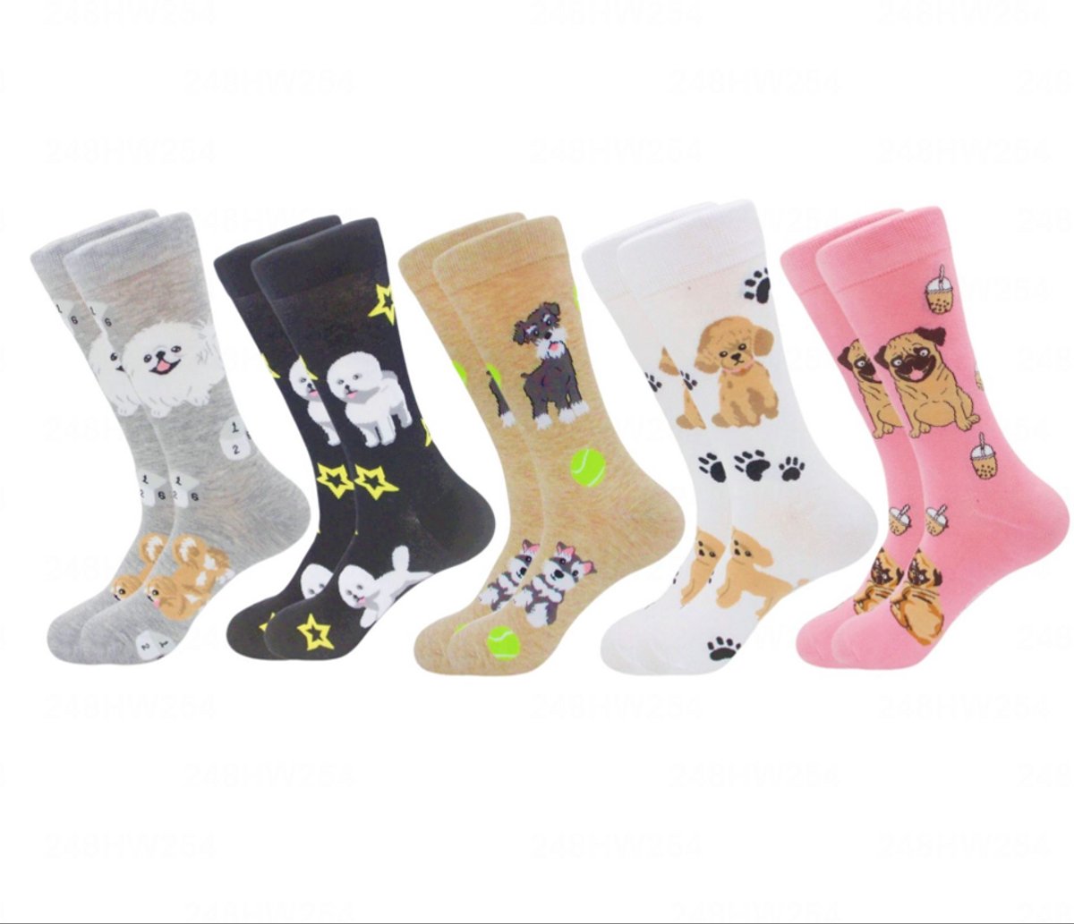 Dames sokken - 5 paar - giftbox - grijs - roze - wit - bruin - zwart - leuke print hond - honden - 36 - 40 - gift - cadeau voor haar - geschenk vrouwen - Kerst cadeau - verjaardagscadeau