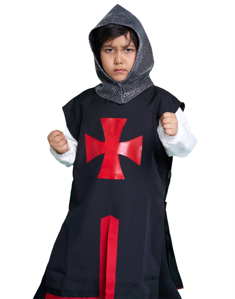 Zebra and friends Tempelier kostuum kind - Maat 116 - 4/6 jaar-zwart/rood - ridder tuniek met kap-kruisridder-ridderspeelgoed-ridderpak voor carnaval en themafeesten