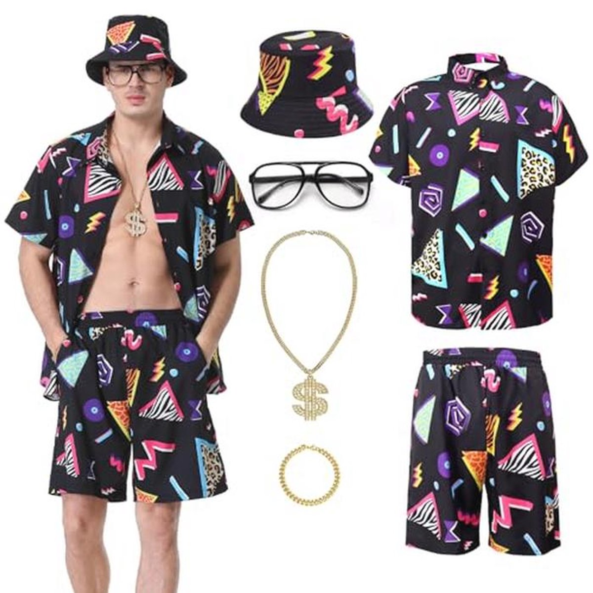 2-delige jaren 80 90 outfit voor heren - Shirt en shorts set voor een themafeest