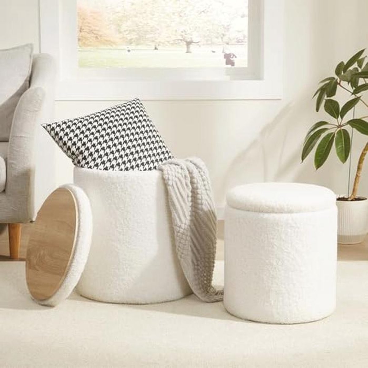 Ronde Ottomans Met Opbergruimte Set Van 2 - Voetenbankjes Voor Woonkamer, Badkamer en Kinderkamer