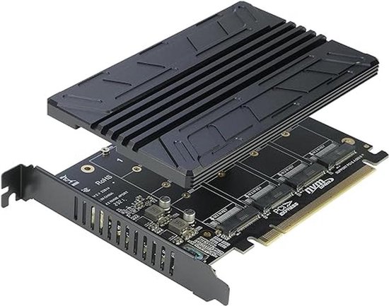 RIITOP Quad NVMe PCIe Adapter, 4 poorten M.2 naar PCI-e 4.0/3.0 x16 kaart met ventilatorondersteuning 2280/2260/2242/2230 NVMe SSD (PCI-e vertakking vereist