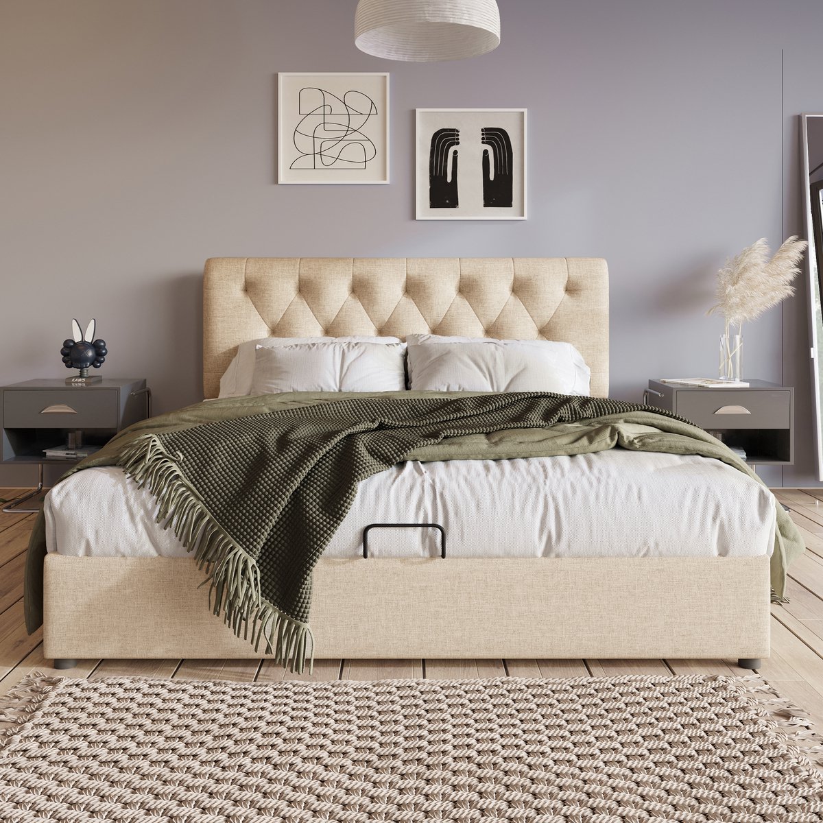 MODFU Hydraulisch tweepersoonsbed 160x200 cm verstelbaar hoofdeinde, linnen, ruime opbergruimte (gaslift), zonder matras