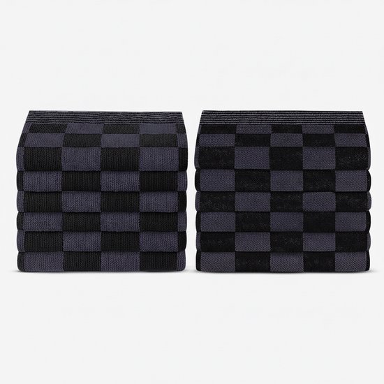 Twee stapels donkergrijze en zwarte theedoeken met blokpatroon en ribbelrand.