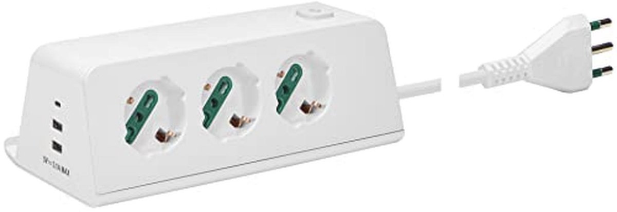 Bureaustopcontact met Schakelaar, 3 Universele Uitschakelingen, 2 USB A, 1 USB C en Inductief Opladen