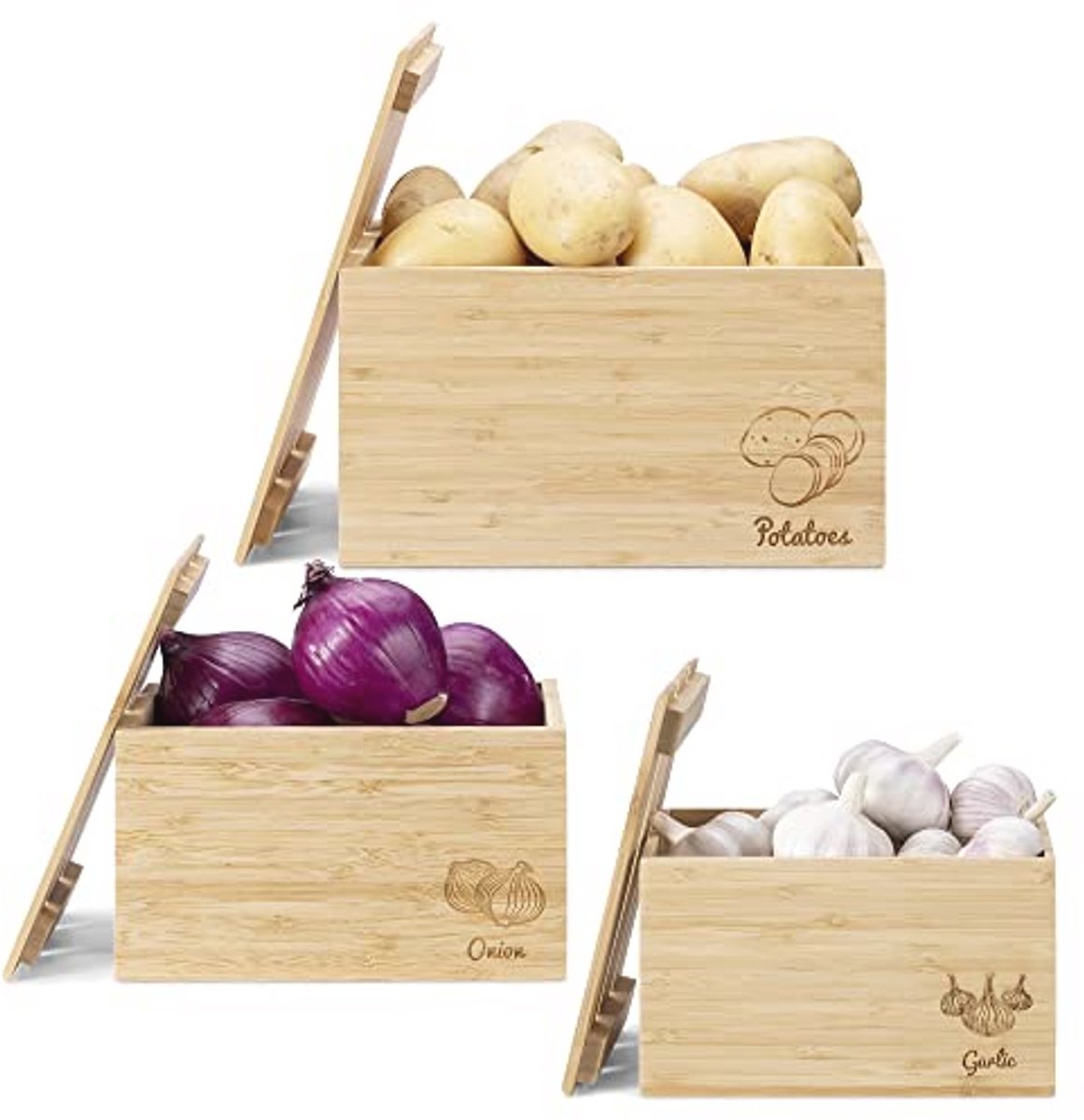 Houten Opbergdozen Set - Voor Aardappelen, Uien en Knoflook