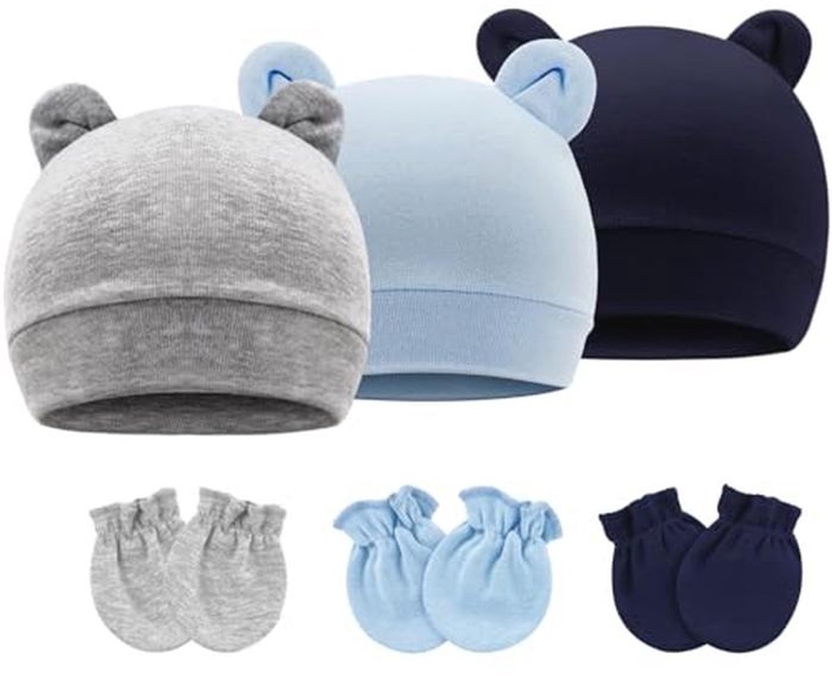Pasgeboren Baby Hoeden en Wanten Set - Ziekenhuis Hoed Beanie en Katoenen Handschoenen voor 0-6 Maanden