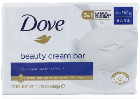 Dove beauty cream bar verpakking, 4x90g, met tekst 'deep moisture for soft skin'.