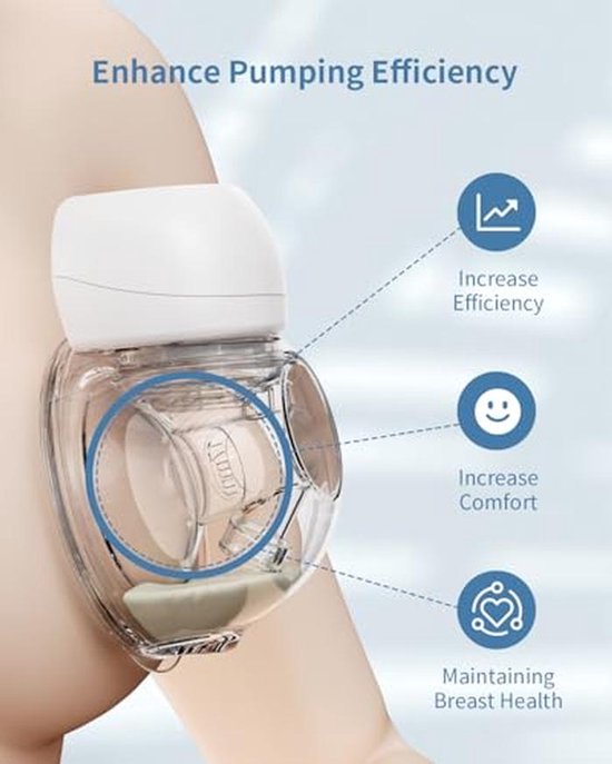 Een borstkolfaccessoire op een arm, met icoontjes voor verhoogde efficiëntie, comfort en borstgezondheid.
