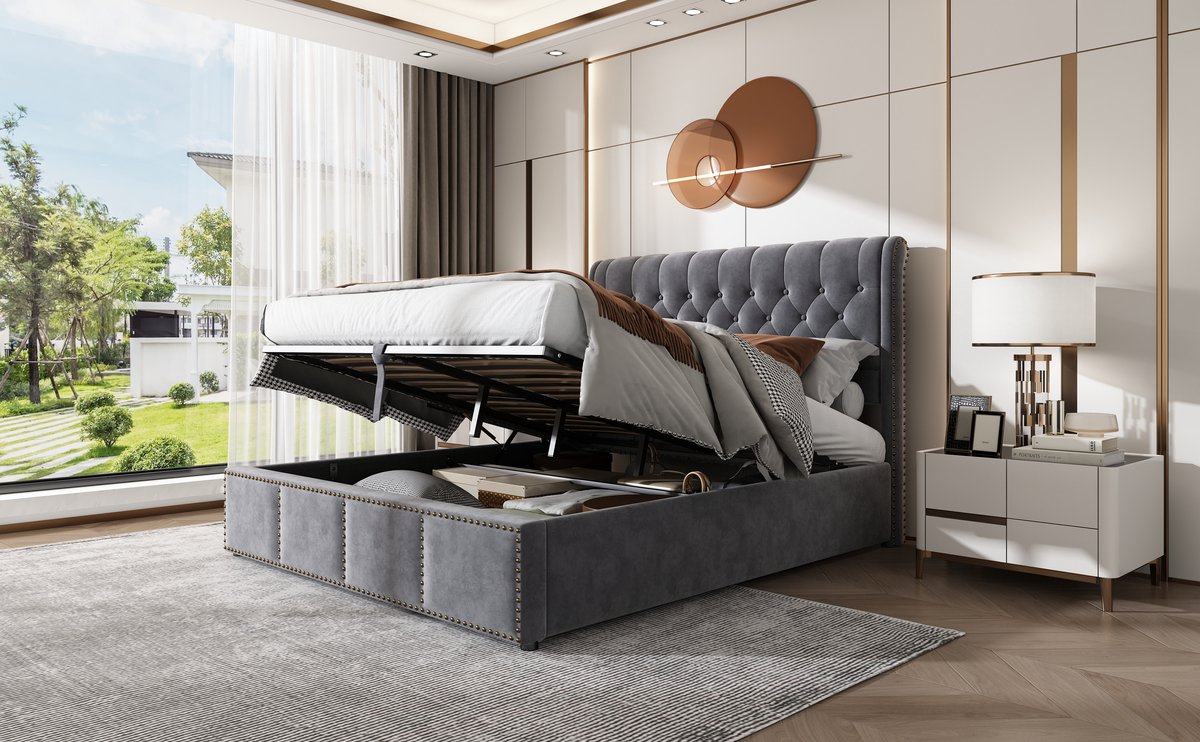 Wishdor Gestoffeerd Bed - Met Opbergruimte En Hydraulische Hef - Met Nagelrand - Fluweel - Grijs - 140 x 200 cm